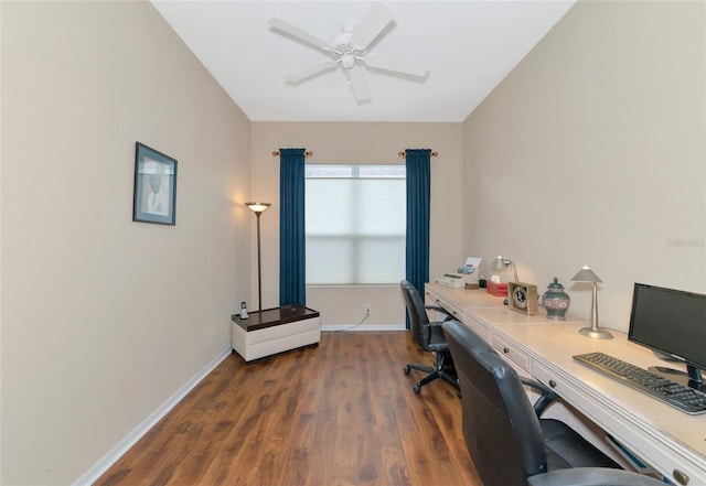 office area with hardwood / wood-style floors and ceiling fan