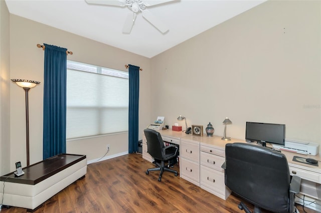 home office with dark hardwood / wood-style floors and ceiling fan