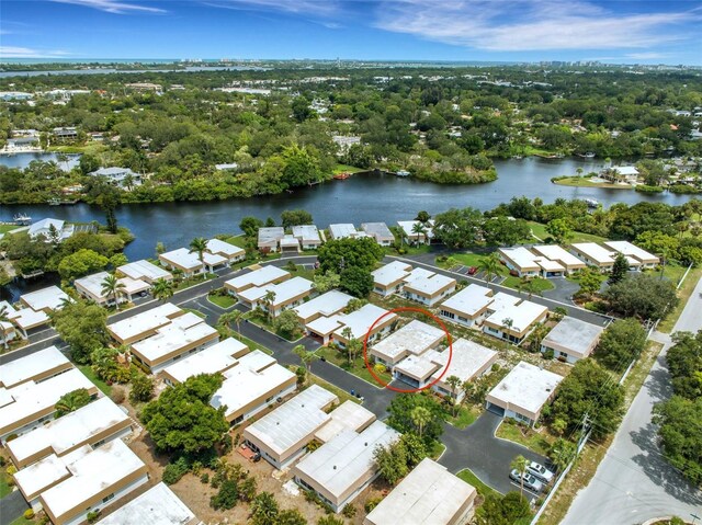 drone / aerial view featuring a water view