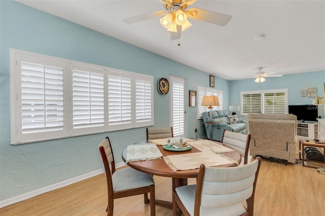 dining room featuring ceiling fan and light hardwood / wood-style flooring