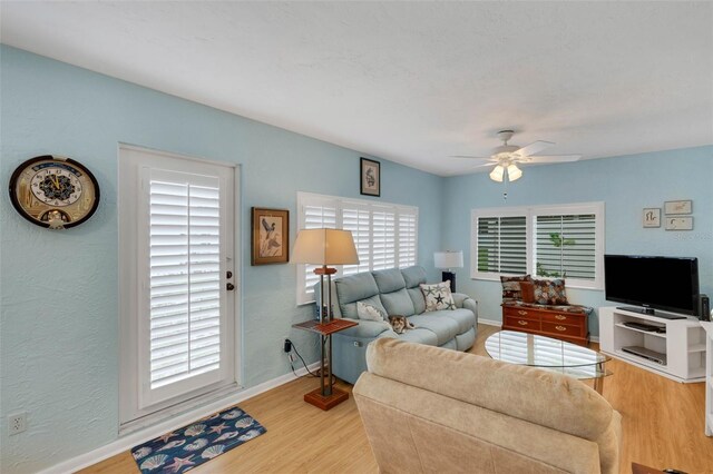 living room with ceiling fan and light hardwood / wood-style flooring