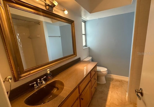 bathroom featuring a shower, vanity, and toilet