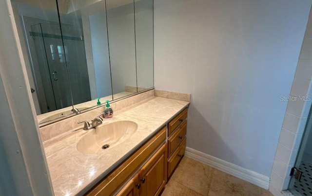 bathroom featuring tile patterned flooring, vanity, and walk in shower