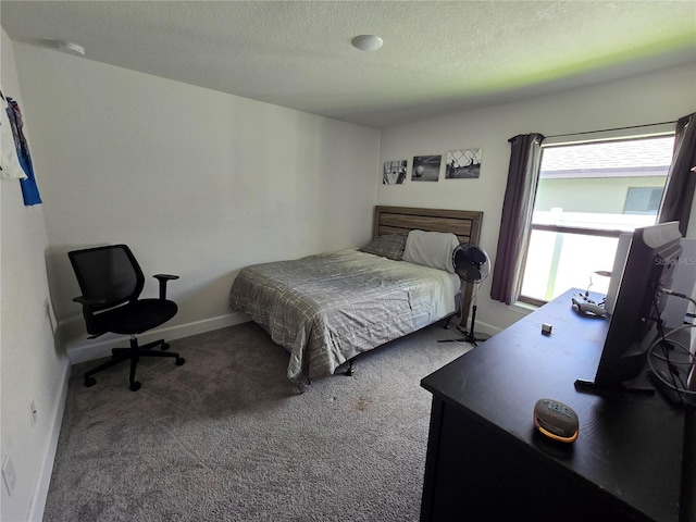 bedroom with carpet floors and a textured ceiling