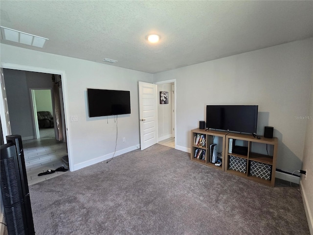 living room with carpet floors and a textured ceiling