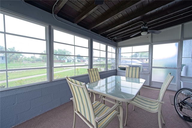 sunroom with lofted ceiling with beams, ceiling fan, and wood ceiling