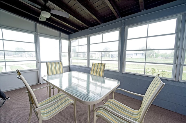 sunroom featuring ceiling fan, lofted ceiling with beams, and wooden ceiling