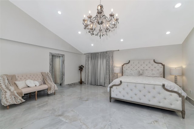 bedroom featuring an inviting chandelier and lofted ceiling