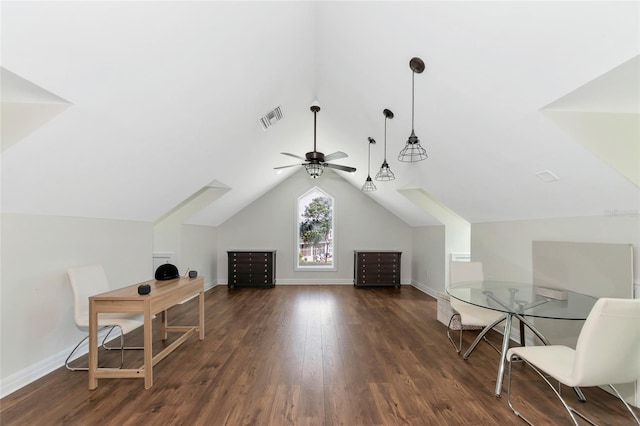 bonus room featuring ceiling fan, dark hardwood / wood-style floors, and lofted ceiling