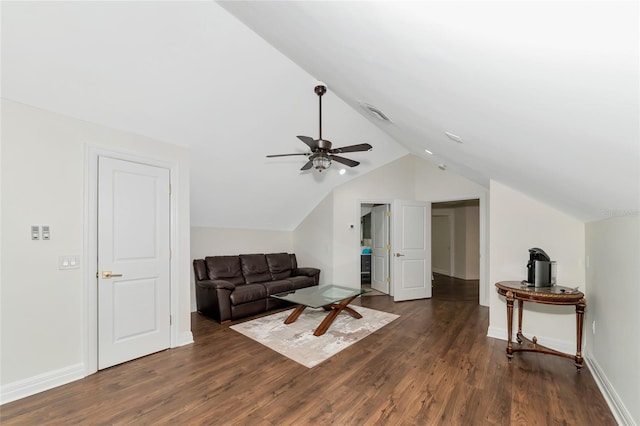 living room with ceiling fan, dark hardwood / wood-style flooring, and lofted ceiling