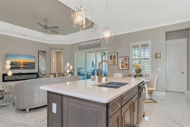 kitchen featuring sink, ornamental molding, an island with sink, and a tray ceiling