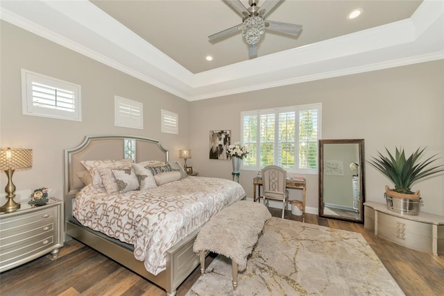 bedroom with a tray ceiling, ceiling fan, and dark hardwood / wood-style flooring