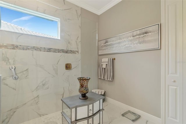 bathroom with crown molding and walk in shower