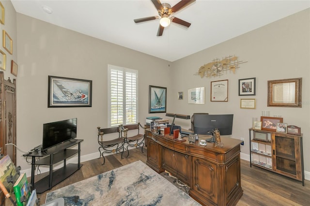 office space featuring dark hardwood / wood-style flooring and ceiling fan