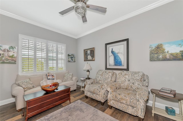 living room featuring ceiling fan, dark hardwood / wood-style flooring, and ornamental molding