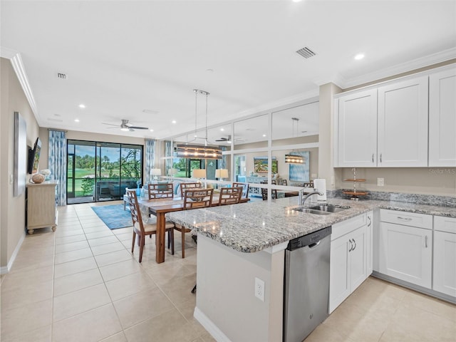 kitchen featuring hanging light fixtures, ornamental molding, white cabinets, sink, and dishwasher