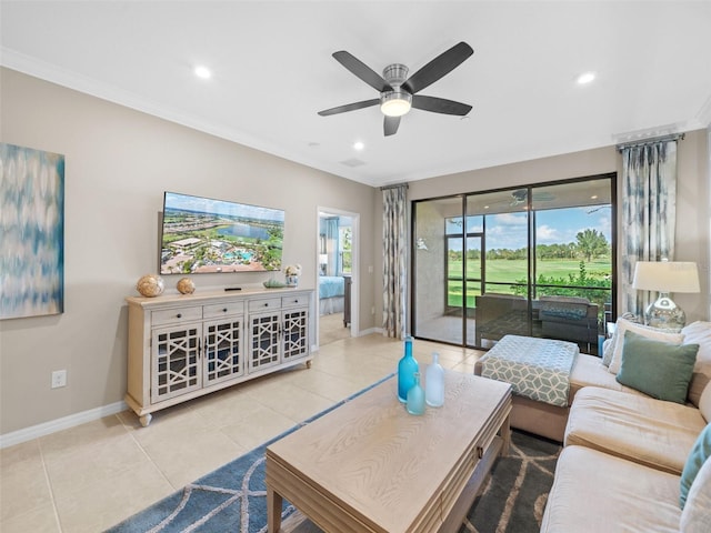 tiled living room featuring crown molding and ceiling fan