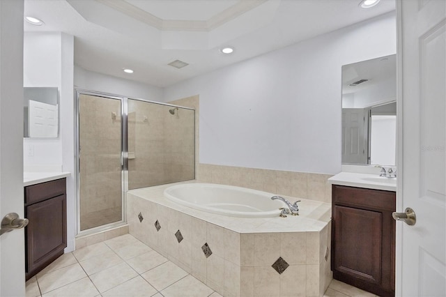 bathroom with tile patterned floors, plus walk in shower, vanity, and ornamental molding