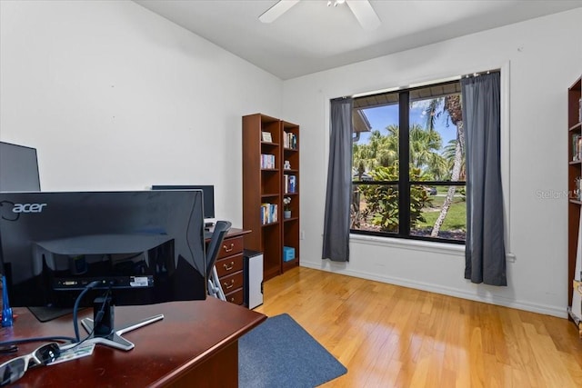 home office featuring ceiling fan and light hardwood / wood-style flooring