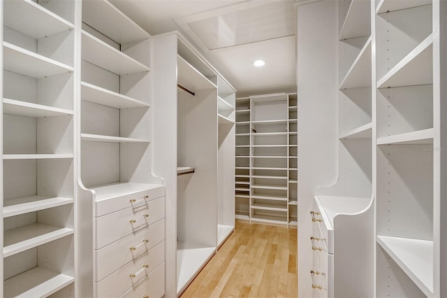 walk in closet with light hardwood / wood-style flooring