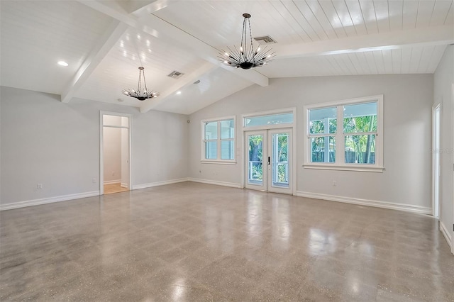 unfurnished room featuring a chandelier, french doors, and lofted ceiling with beams