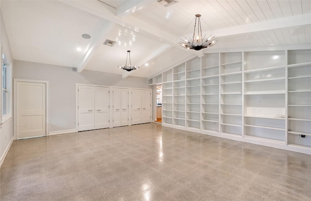 interior space with beam ceiling, wooden ceiling, built in features, high vaulted ceiling, and a chandelier