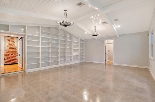 interior space with lofted ceiling with beams, built in features, concrete floors, a notable chandelier, and wood ceiling