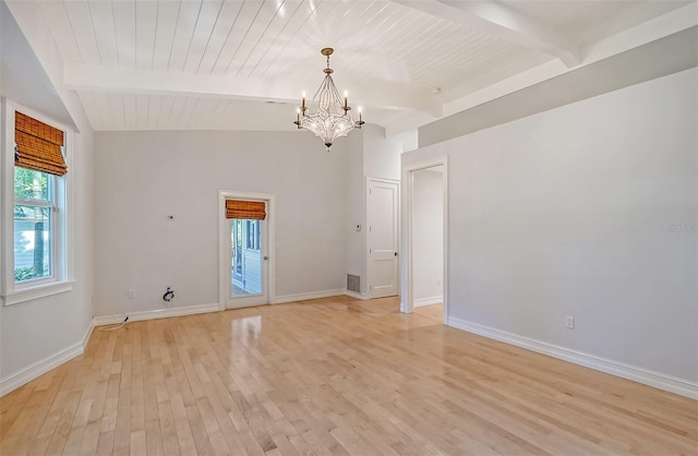 empty room featuring light hardwood / wood-style flooring, lofted ceiling with beams, and an inviting chandelier