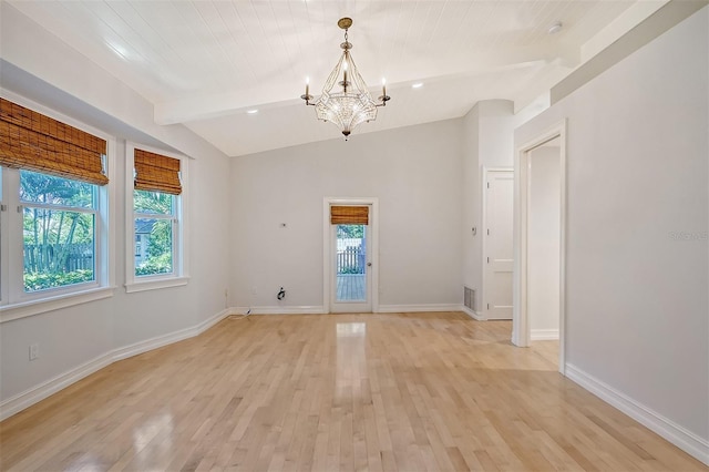 unfurnished room featuring vaulted ceiling with beams, light hardwood / wood-style flooring, an inviting chandelier, and wood ceiling