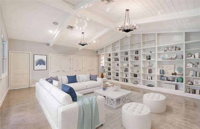 living room with built in shelves, lofted ceiling with beams, and a chandelier