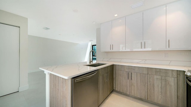 kitchen with white cabinetry, dishwasher, light stone counters, kitchen peninsula, and sink