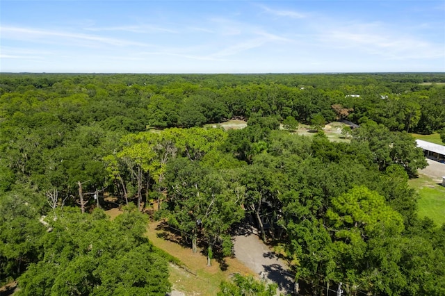 birds eye view of property featuring a wooded view