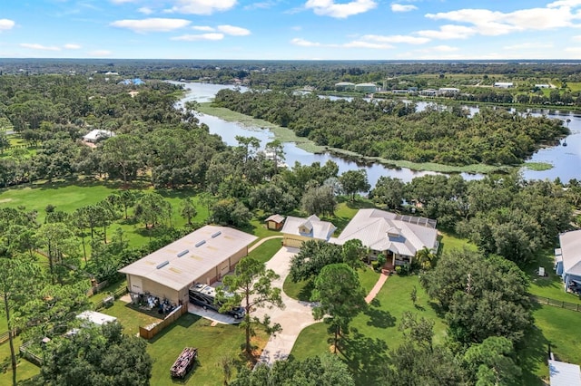 drone / aerial view with a water view