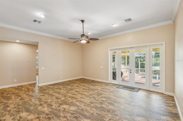 empty room with ceiling fan, french doors, and crown molding