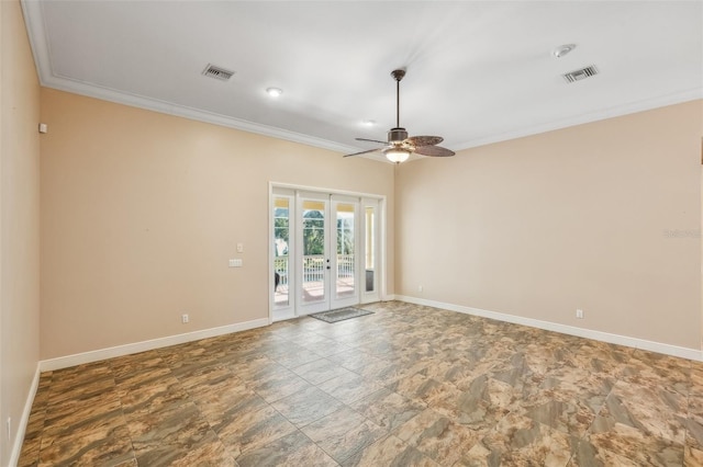 unfurnished room featuring french doors, ceiling fan, and crown molding