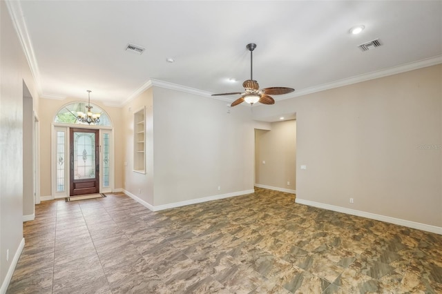 foyer entrance featuring crown molding and ceiling fan with notable chandelier