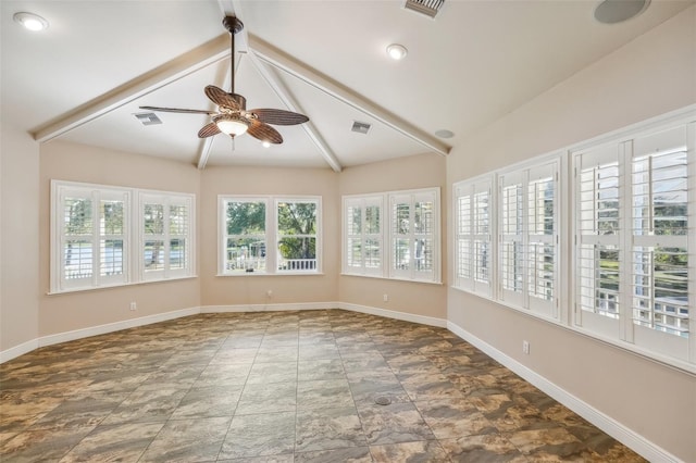 unfurnished sunroom with ceiling fan and lofted ceiling with beams