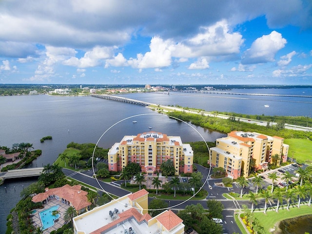 drone / aerial view featuring a water view