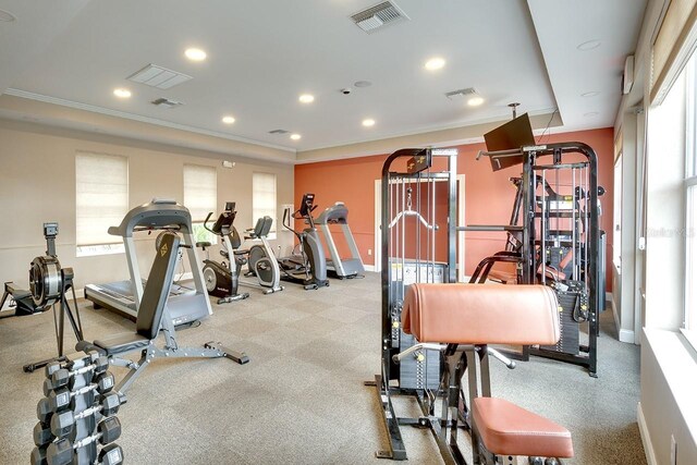 gym featuring a tray ceiling