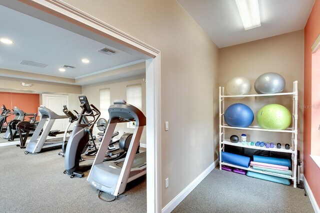 workout area with carpet floors