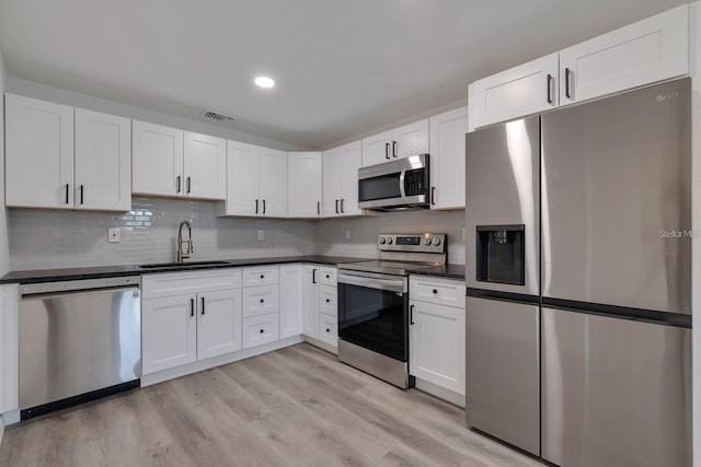 kitchen with appliances with stainless steel finishes, sink, light hardwood / wood-style flooring, and white cabinets