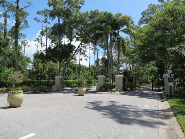 view of road featuring curbs, a gated entry, and a gate