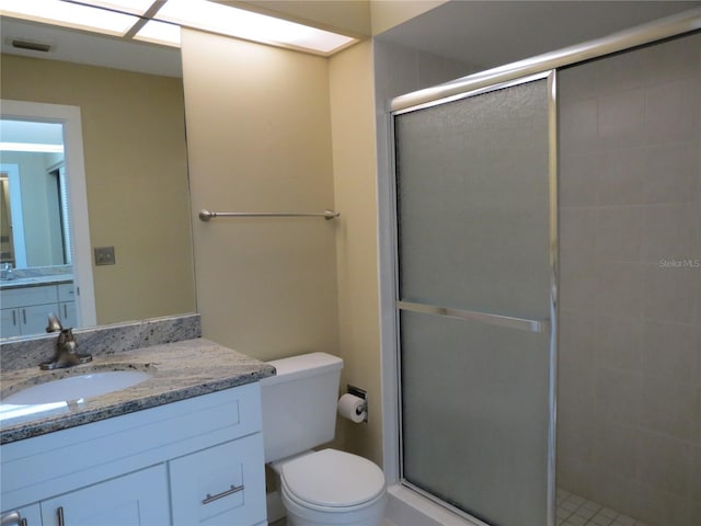 full bath with visible vents, vanity, toilet, and a shower stall