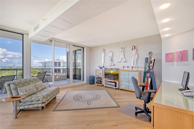 home office featuring a wall of windows, a wealth of natural light, and light hardwood / wood-style flooring