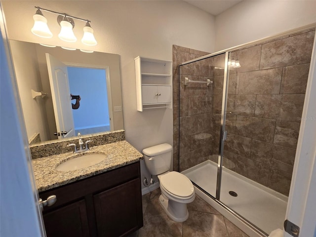 bathroom with tile patterned flooring, vanity, toilet, and a shower with door