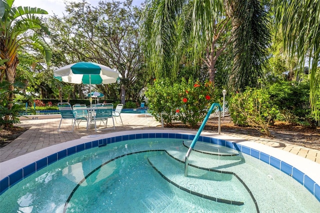 view of swimming pool with a patio area and a community hot tub