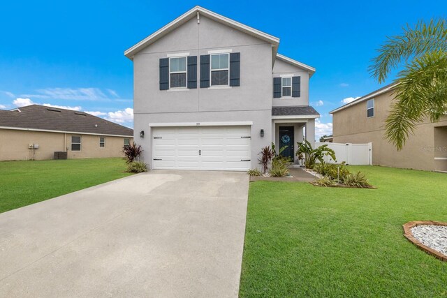 view of front property with a front yard, a garage, and central air condition unit