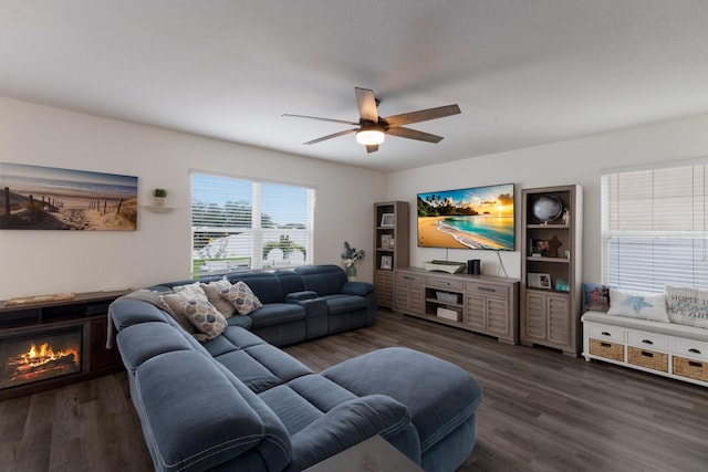 living room featuring dark hardwood / wood-style flooring and ceiling fan