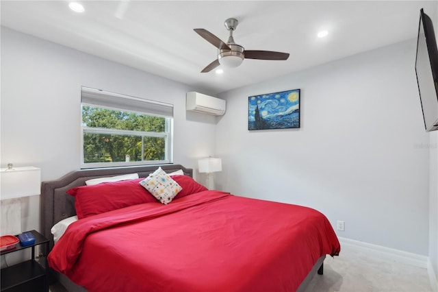 bedroom with a wall mounted air conditioner, ceiling fan, and light carpet