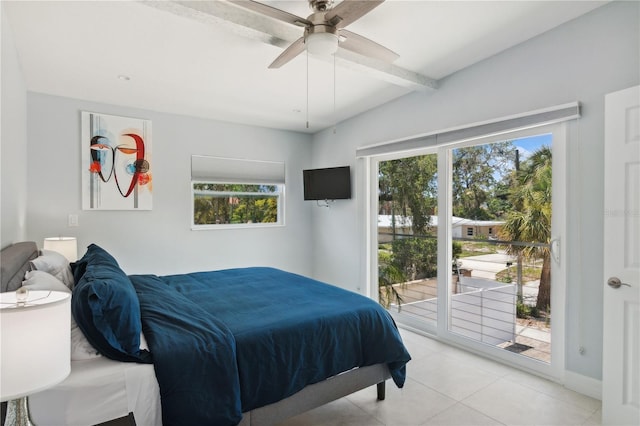 bedroom with vaulted ceiling with beams, ceiling fan, light tile patterned floors, and access to outside